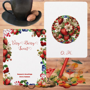 Cute Red Strawberry Blue Berry Sweet Modern Script Card