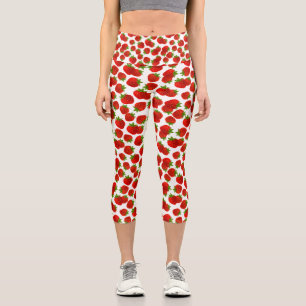 Cute Red Strawberry Green Leaves Fruit Pattern Capri Leggings