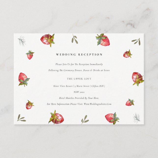 Cute Red Strawberry Leaf Foliage Wedding Reception Enclosure Card (Front)