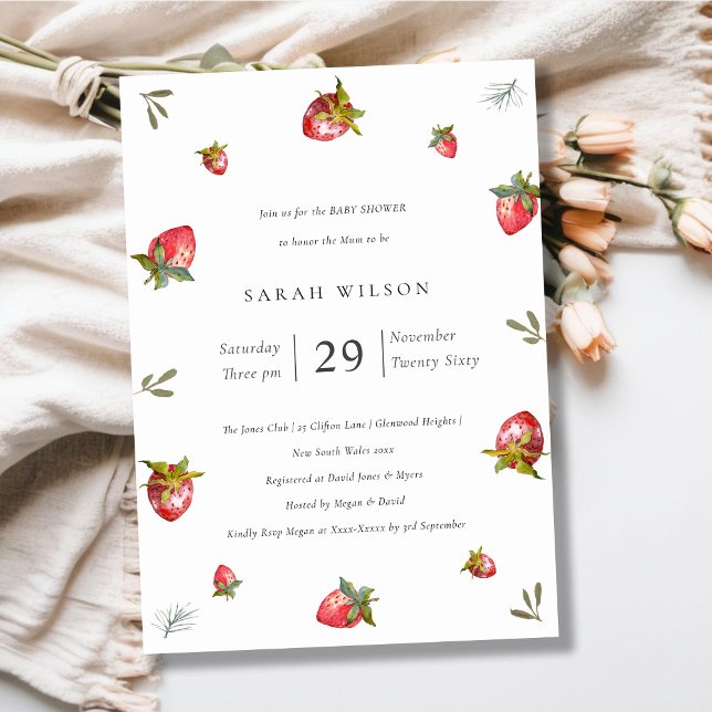 Cute Red Strawberry Leafy Baby Shower Invite (Creator Uploaded)