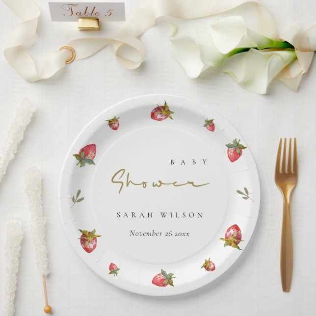 Cute Red Strawberry Leafy Botanical Baby Shower Paper Plate (Wedding)