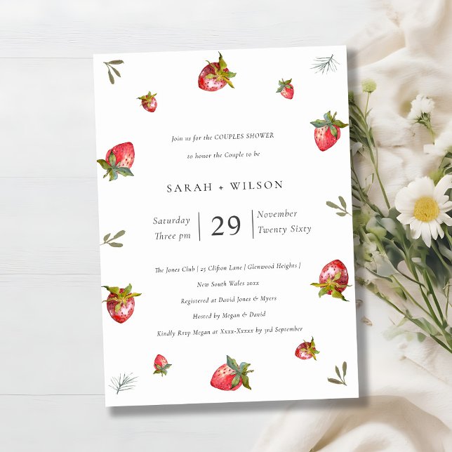 Cute Red Strawberry Leafy Couples Invitation de do (Créateur téléchargé)