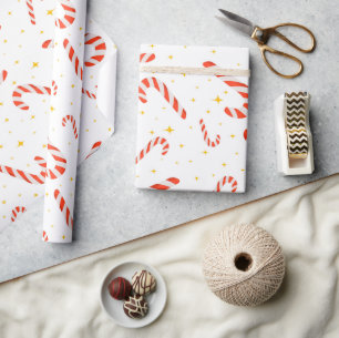 Cute Red Striped Candy Cane Gold Star Christmas Wrapping Paper
