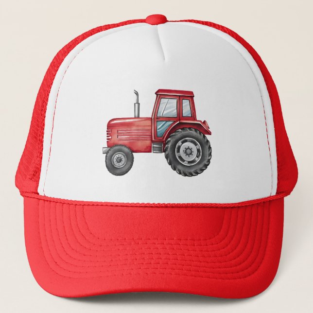 Cute Red Tractor Farm Watercolor Kids  Trucker Hat (Front)