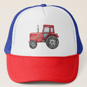 Cute Red Tractor Farm Watercolor Kids Trucker Hat