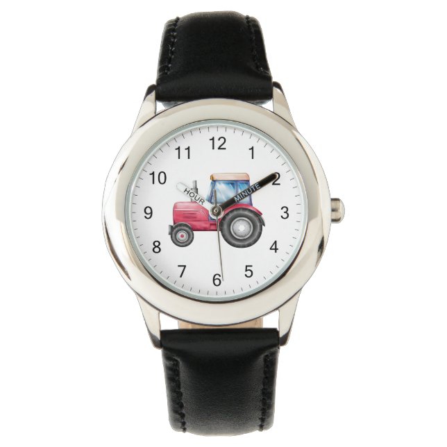 Cute Red Tractor Farm Watercolor Kids  Watch (Front)