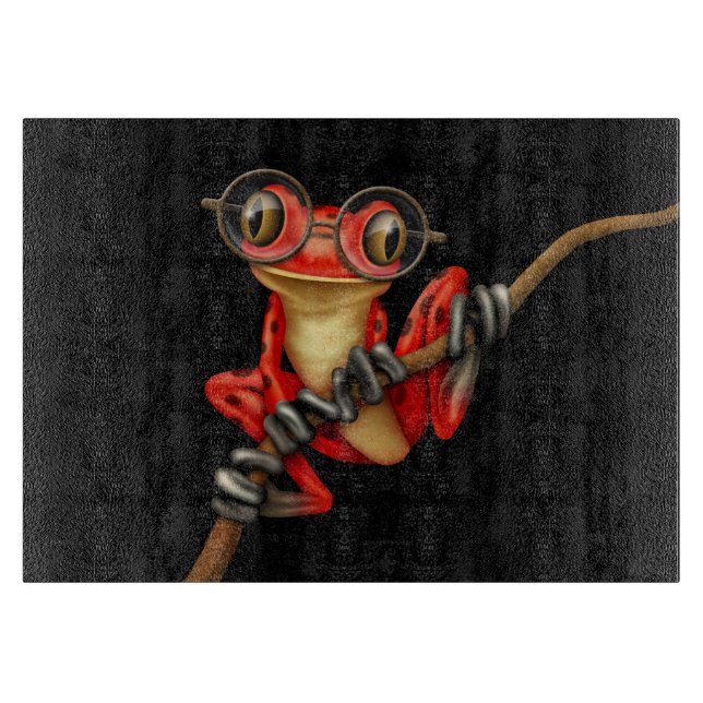 Cute Red Tree Frog with Eye Glasses on Black Cutting Board (Front)