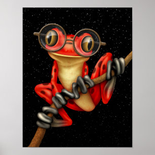 Cute Red Tree Frog with Eye Glasses with Stars Poster