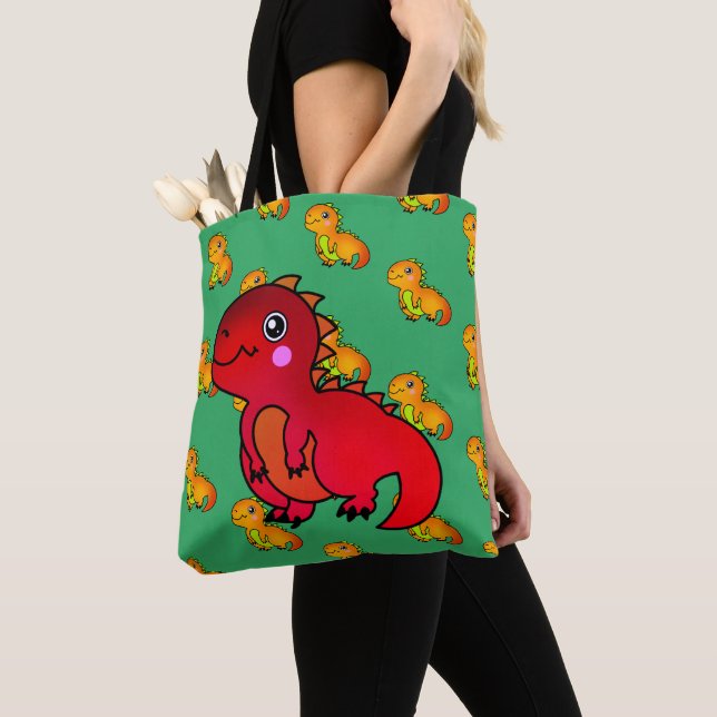 Cute Red Trex Happy Dinosaur Tote Bag (Close Up)