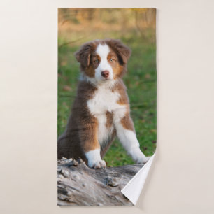 Cute Red Tri Australian Shepherd Dog Puppy Photo , Bath Towel Set