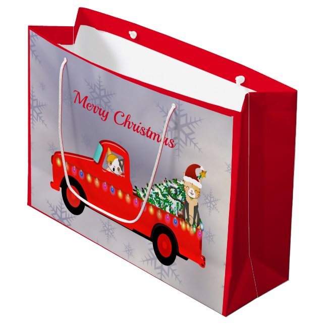 Cute Red Truck Cats Christmas Large Gift Bag (Front Angled)