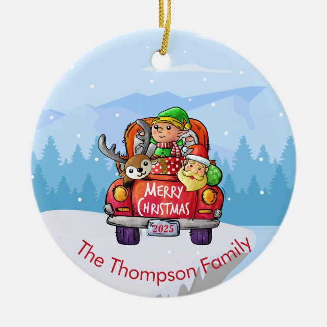  Cute Red Truck Christmas Snow  Santa Elf Reindeer Ceramic Ornament (Front)