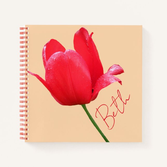 Cute red tulip floral customizable name Beth boho  Notebook (Front)