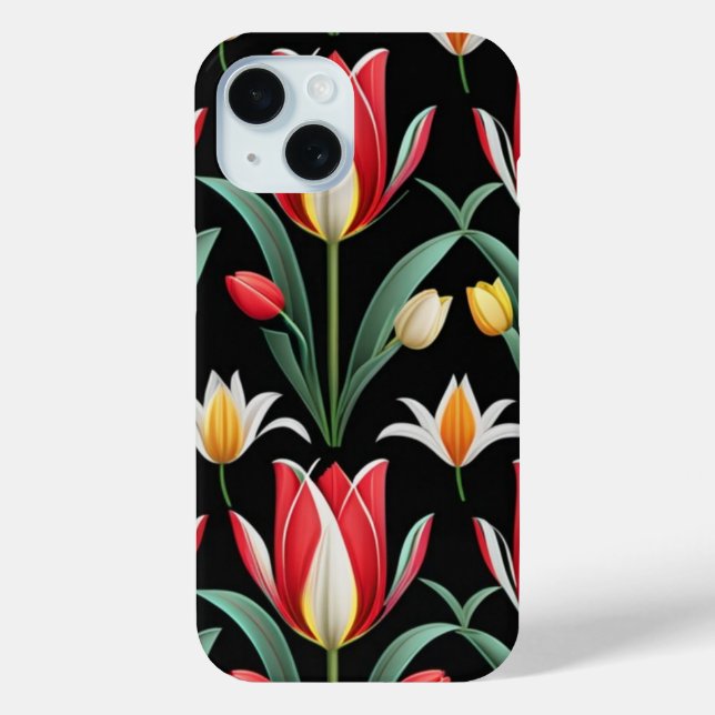 Cute Red Tulip Flower Pattern on Black Background Case-Mate iPhone Case (Back)