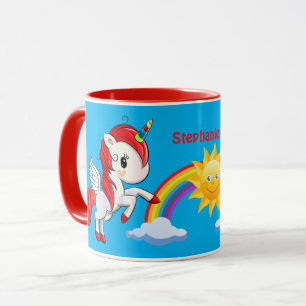 Cute Red Unicorn Rainbow & Sun Personalized Mug