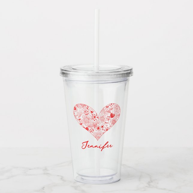 Cute Red Valentine's Day Floral Heart Custom Name  Acrylic Tumbler (Front)