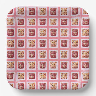 Cute Red Velvet Patchwork Cookie Teddy Bear Paper Plate