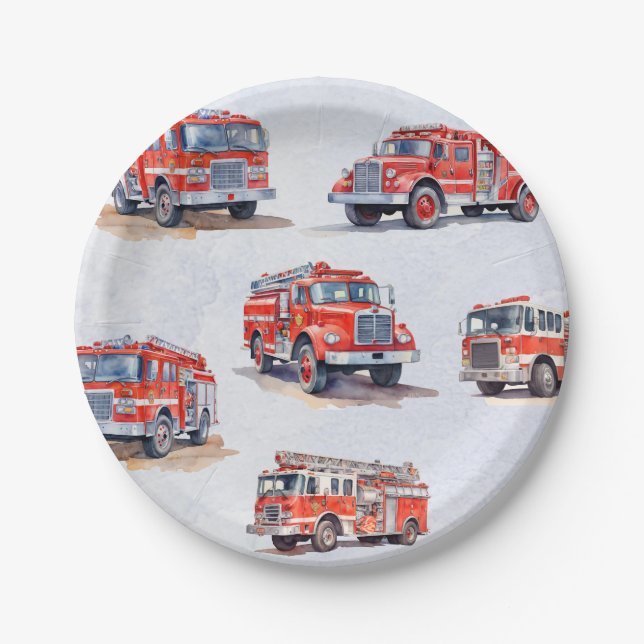 Cute Red Watercolor  Firetruck Engine              Paper Plate (Front)