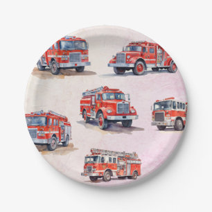 Cute Red Watercolor Firetruck Engine Paper Plate