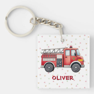 Cute Red Watercolor Firetruck Keychain