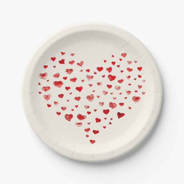 Cute Red Watercolor Hearts Valentine's Day Paper Plate (Front)