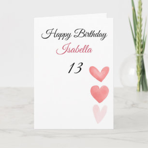 Cute Red Watercolor on Side Hearts 13th Birthday Card