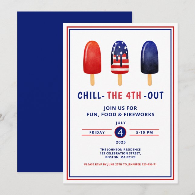 Cute Red White And Blue Popsicle 4th Of July Invitation (Front/Back)
