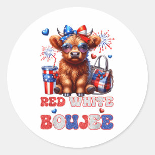 Cute Red White And Boujee Highland Cow 4th Of July Classic Round Sticker