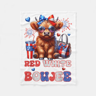 Cute Red White And Boujee Highland Cow 4th Of July Fleece Blanket