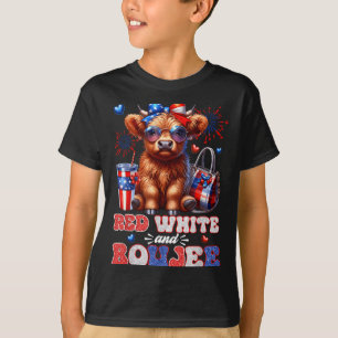 Cute Red White And Boujee Highland Cow 4th Of July T-Shirt