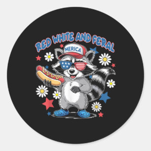 Cute Red White And Feral Raccoon Hot Dog 4th Of Ju Classic Round Sticker