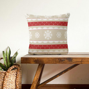 Cute Red White Beige Christmas Snowflakes Pattern Throw Pillow