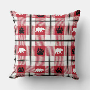 Cute Red White & Black Bear and Paw Plaid Pattern Throw Pillow
