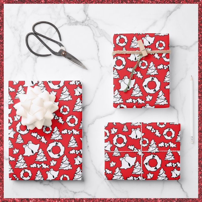 Cute Red White Black Christmas Trees Wreaths Bells Wrapping Paper Sheet (Creator Uploaded)