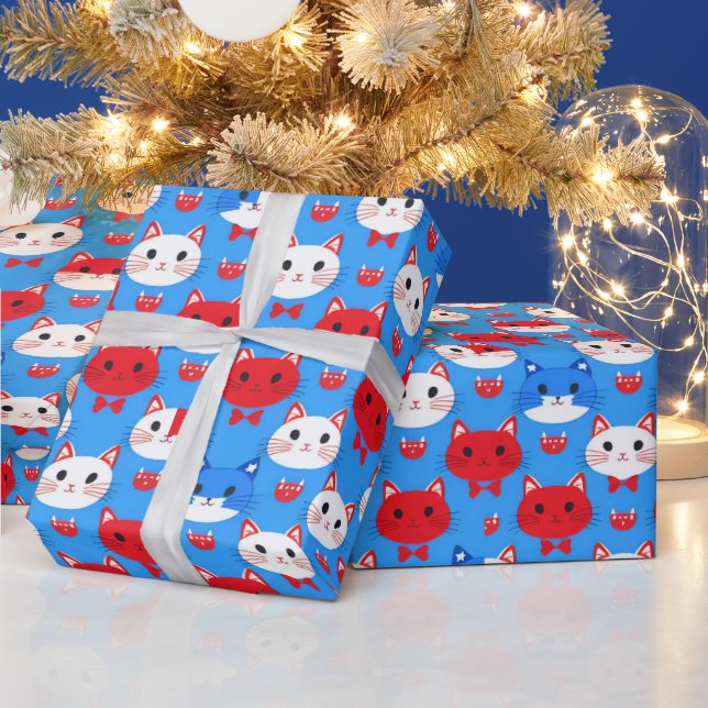 Cute Red White Blue Cat Heads Pattern Animals Kids Wrapping Paper (Holidays)