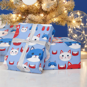 Cute Red White Blue Cat Heads Pattern Animals Kids Wrapping Paper