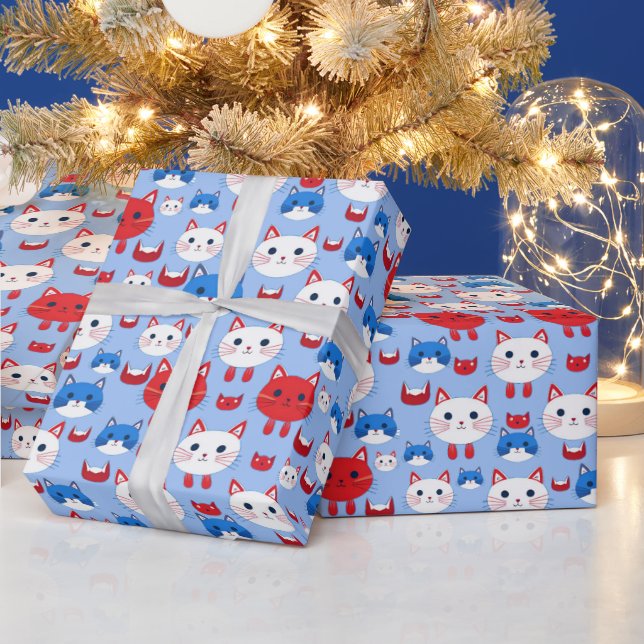 Cute Red White Blue Cat Heads Pattern Animals Kids Wrapping Paper (Holidays)