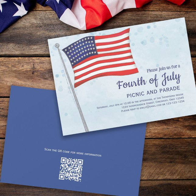 Cute Red White Blue Fourth Of July Flag QR Code Invitation (Fourth of July party invitation with red, white, and blue flag. )