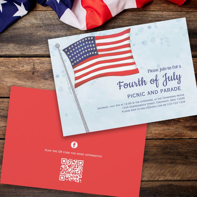 Cute Red White Blue Fourth Of July Flag QR Code Invitation (Fourth of July party invitation with red, white, and blue flags. With a scannable QR Code.  )