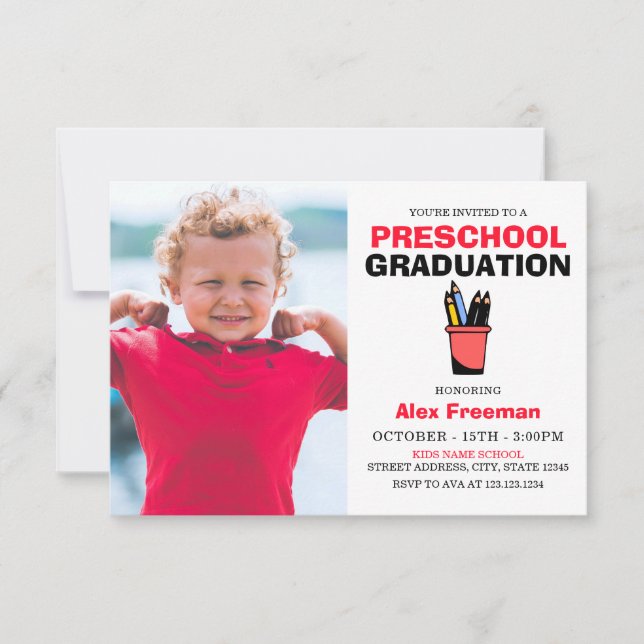 Cute Red & White Boy Photo Preschool Graduation Invitation (Front)