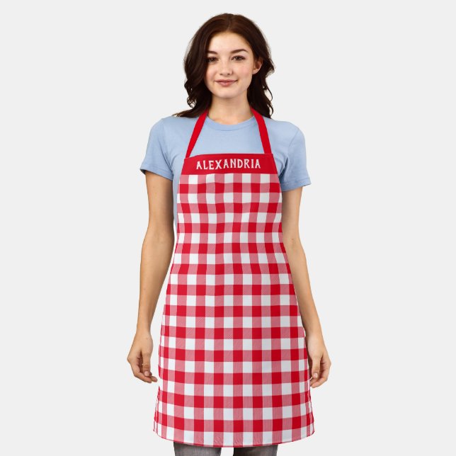 Cute Red White Buffalo Plaid Custom Apron (Worn)