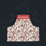 Cute Red & White Candy Cane Candies Pattern Apron<br><div class="desc">Cute Christmas candy pattern with white and red swirl candies and faux glitter with customizable name.</div>