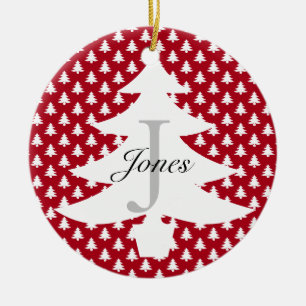 Cute Red White Christmas Family Monogram Name  Ceramic Ornament