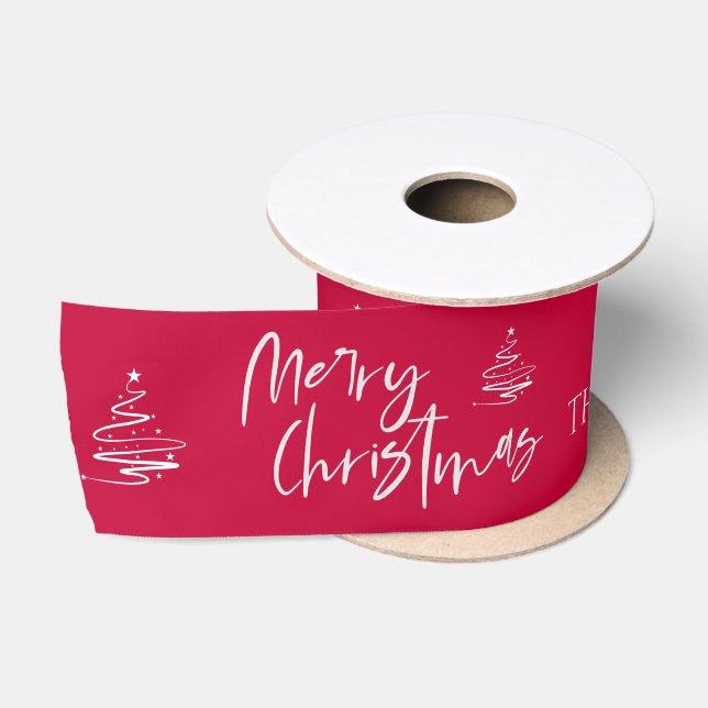 Cute Red White Christmas Tree Pattern Family Name Satin Ribbon (Spool)