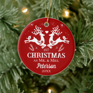 Cute Red White First Christmas Deer in Love Ceramic Ornament