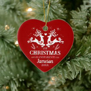 Cute Red White First Christmas Grandparents Deer Ceramic Ornament