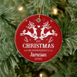 Cute Red White First Christmas Grandparents Deer Ceramic Ornament
