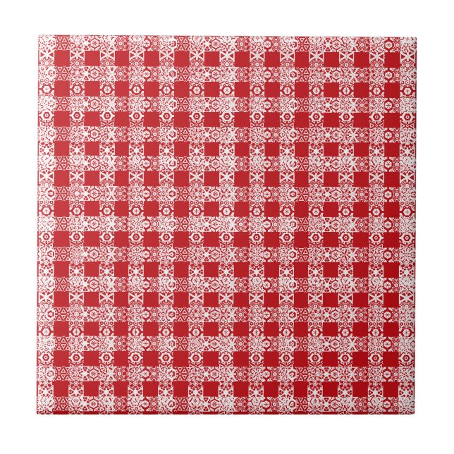 Cute red white lace plaid vintage farmhouse tile (Front)