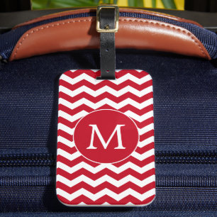 Cute Red White Monogram Chevron Stripes Pattern Luggage Tag