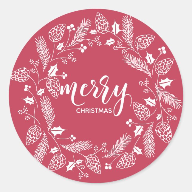 Cute Red & White Pine and Holly Christmas Classic Round Sticker (Front)
